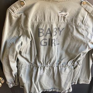 Army blazer jacket with rips says baby girl on the back